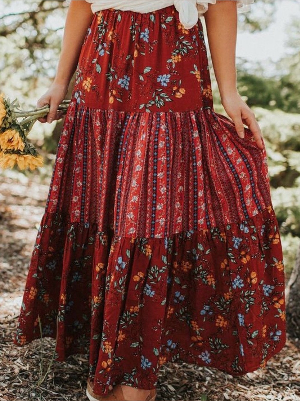 Easel Los Angeles Floral Maxi Skirt Floral Boho Cottagecore Rust Orange Sz L